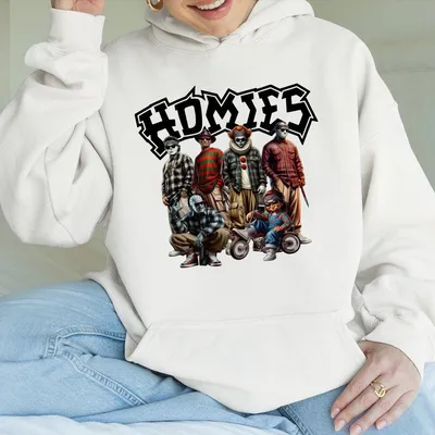 Homies Horror Movie Villains Graphic Hoodie Funny Chicano Freddy Jason Chucky Hoodie Urban Halloween Streetwear For Men