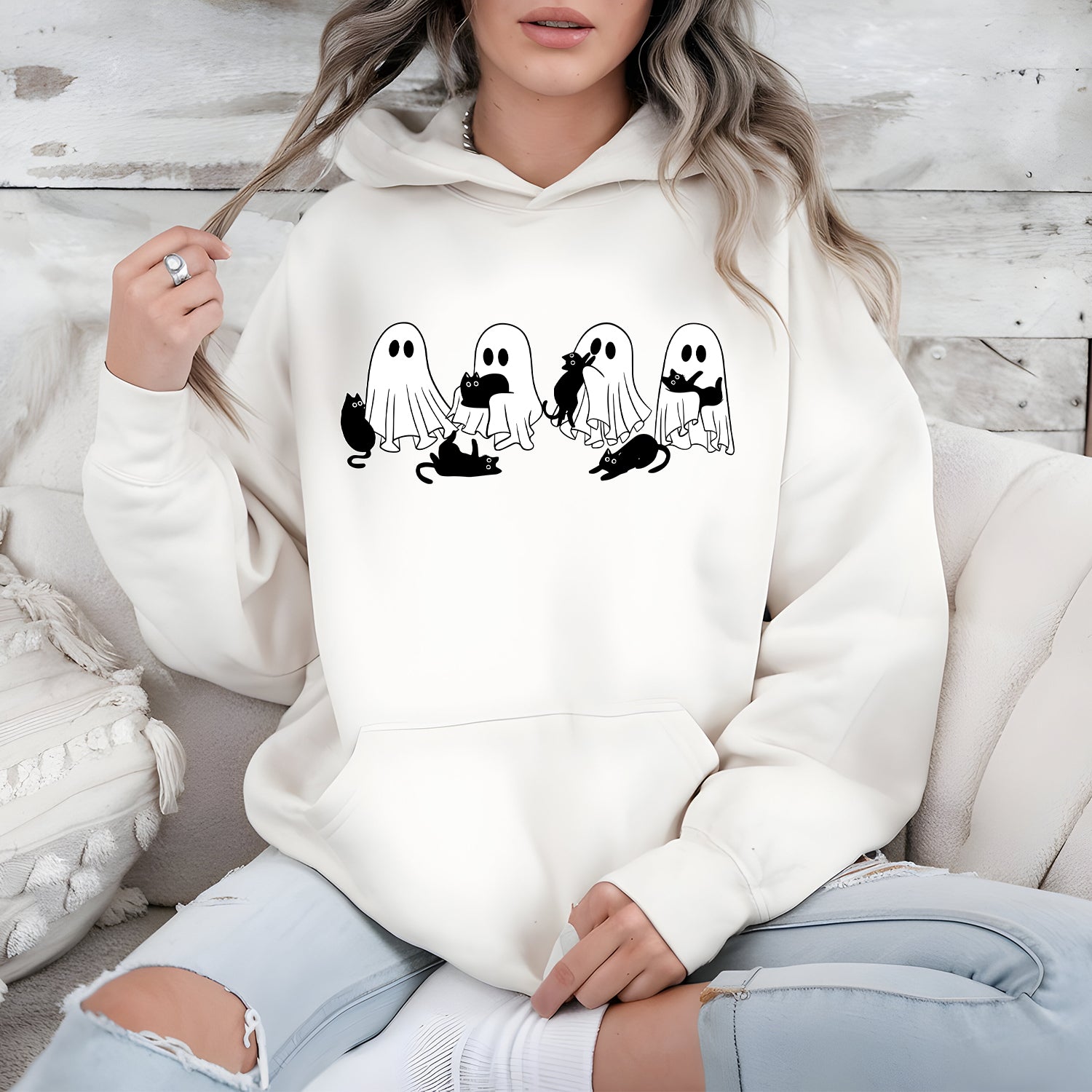 Cute Ghost Black Cat Hoodie – Funny Halloween Graphic Pullover