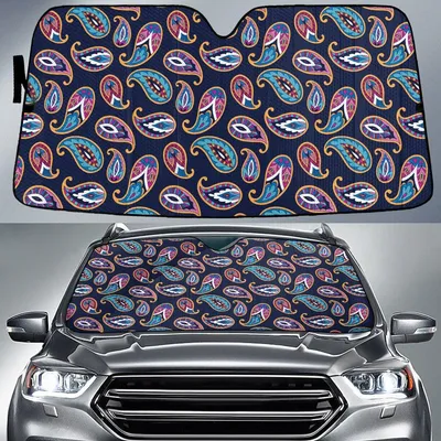 Blue And Mint Green Paisley Flower Pattern Navy Theme Car Sun Shades Cover Auto Windshield PrintSyde
