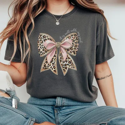 It Is Well With My Soul T-Shirt Pink Coquette Bow Religious T-Shirt Bible Verse T-Shirt Christian Gift Leopard Bow Graphic T-Shirt
