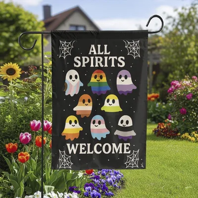 All Spirits Welcome Halloween Vertical Garden Flag, Lgbtq Pride Ghost Decor, Spooky Inclusion Yard Banner, Funny Gay Friendly Seasonal Gift Vertical Garden Flag