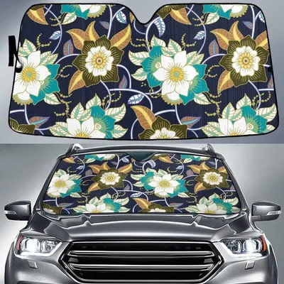 Mint Hawaiian Hibiscus Flowers Hand Drawing Style Navy Car Sun Shades Cover Auto Windshield PrintSyde