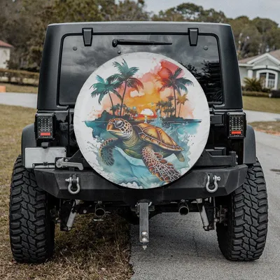 Water Turtle Sunset Spare Tire Cover, Beach Vacation Print, All Season Universal Protector Spare Tire Cover