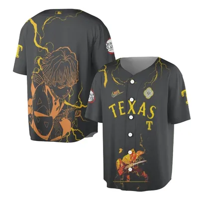 Texas Polo Baseball Jersey, Zenitsu Lightning Graphic, Nike Collab Style, Demon Slayer Anime Theme, Black Yellow Bold Design