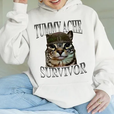 Tummy Ache Survivor Cat Hoodie Funny Cat Meme Graphic For Cat Owners Hilarious Kitty Humor Hoodie Unisex Cotton