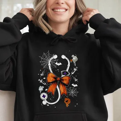 Halloween Stethoscope Bow Hoodie, Retro Halloween Bow Nurse Hoodie, Cute Nursing School Hoodie, Funny Nurse Hoodie