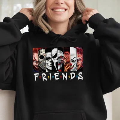 Halloween Characters Friends Hoodie, Unisex Hoodie, Spooky Movie Characters Graphic, Comfy Soft Hoodie