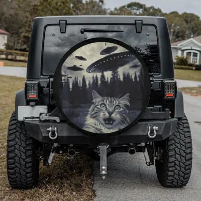 Cat Abducted By Aliens Spare Tire Cover, Vintage Black White Flying Saucers, Funny Kitty Meme, All Weather Wheel Protector Spare Tire Cover