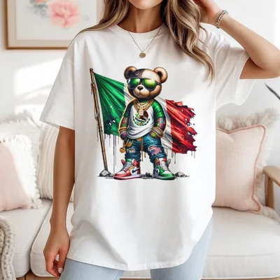 Fashion T-Shirt Cotton Graphic T-Shirt T-Shirt With Cool Mexican Pride Bear Design Hip Style With Flag