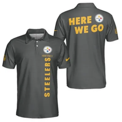 Steelers Polo Polo Shirt, Here We Go Slogan, Yellow Logo Graphic, Nike Shield Detail, Black Fanwear, Football Style