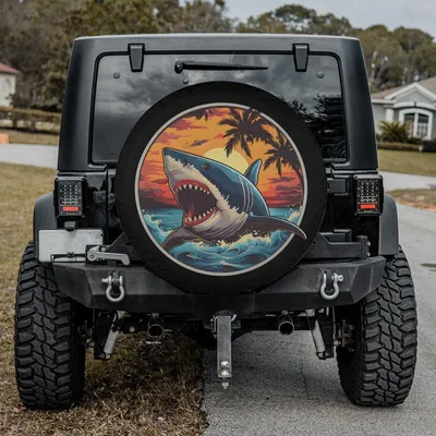 Retro Shark Spare Tire Cover, Cool Ocean Predator Design, Fun Beach Vibes Wheel Cover, Unique Shark Car Accessory For Women, With Camera Option Spare Tire Cover