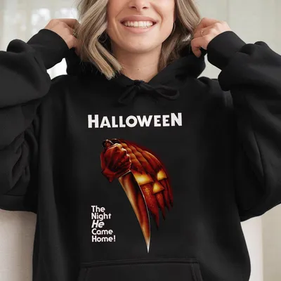Men'S Halloween Graphic Hoodie Spooky Pumpkin Knife Design With Bold Red Text Black Casual