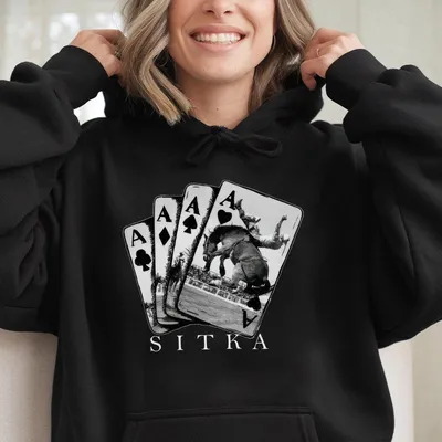 Black Hoodie Sitka Hunting With Playing Cards & Deer Graphic,Outdoor Wildlife Sitka Brand Design