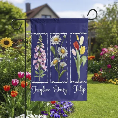 Vertical Garden - Foxglove Daisy Tulip Floral House Flag, Foxtrots Deltas Tangos Retro Vintage Boho Garden Flag