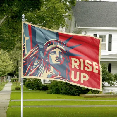 Rise Up House Flag, Bold Liberty Torch Illustration With Red Beige Blue Contrast, Empowerment Message In Graphic Art Style Horizontal House Flag