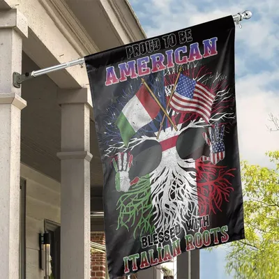 American Italian House Flag, Proud To Be American Message, Blessed With Italian Roots, Tree And Handprint Design Vertical House Flag