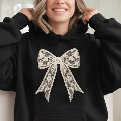 Coquette White Lace Bow Hoodie, Beige Ink Floral Lace Bow Screen Print Transfer