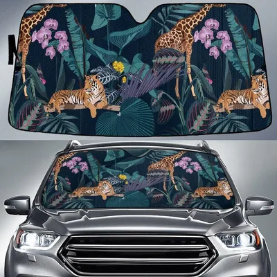 Lying Tiger And Giraffle In Forest Orchid Flower Car Sun Shades Cover Auto Windshield PrintSyde