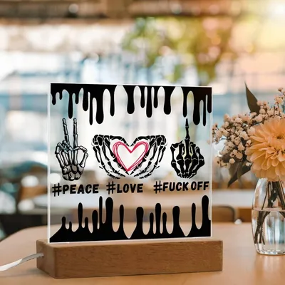 Peace Love Fuck Off - Middle Finger, Skull, Skull hand design - Acrylic Square Plaque
