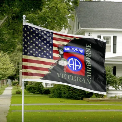 82nd Airborne Veteran House Flag, Weathered American Flag Tear With Parachute Symbols And Aa Shield, Military Tribute Design Horizontal House Flag