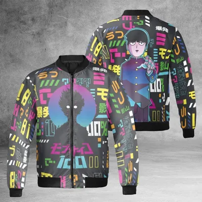 Mob Psycho Windproof Bomber Jacket, Neon Japanese Text Design, Cyberpunk Anime Streetwear Bomber Jacket