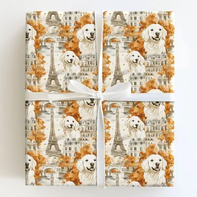 Paris with the White Goldens - Gift Wrap for Christmas, Holidays Wrapping Paper, Christmas Wrapping Paper