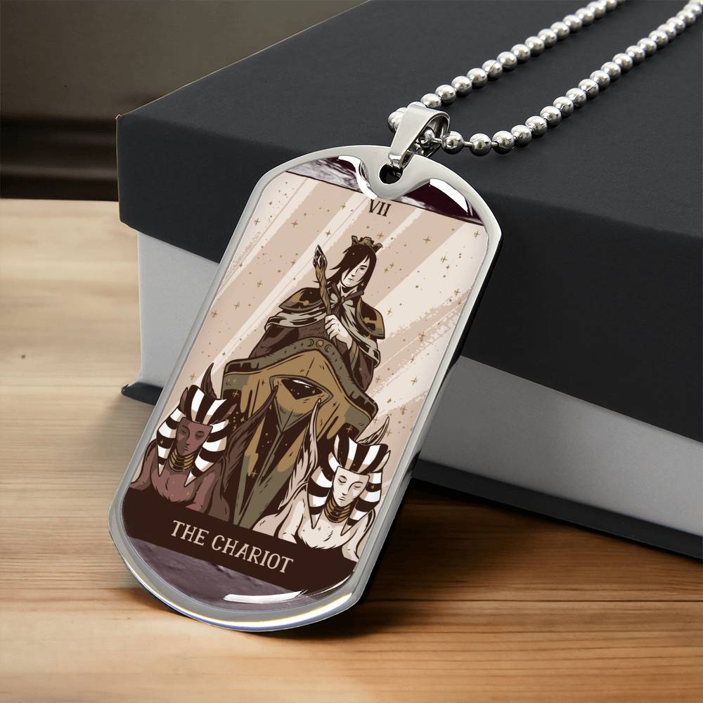 Tarot Card Necklace. Silver Or Gold. For Wiccans, Astrology, Zodiac, Spiritual, Best Friend. Boho. The Chariot Card - Army Tag Necklace, Dog Tag