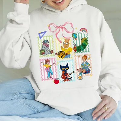 Cartoon Teacher Hoodie Fun Storybook Style Graphic Hoodie Back To School Teacher Gift Retro Classroom Outfit For Women