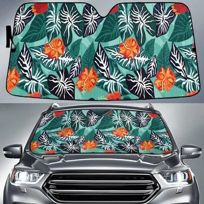 Red Hawaiian Hibiscus Flower And Black Elephant Ears Leaf Green Car Sun Shades Cover Auto Windshield PrintSyde