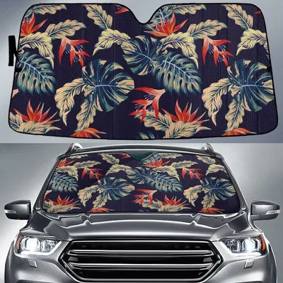Red Bird Of Paradise Flower Under Massangeana Leaf Navy Car Sun Shades Cover Auto Windshield PrintSyde