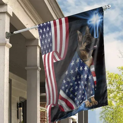 German Shepherd Christian Vertical House Flag, American Flag Dog With Cross, Patriotic Faith Flag For Outdoor Home Garden Decoration Vertical House Flag