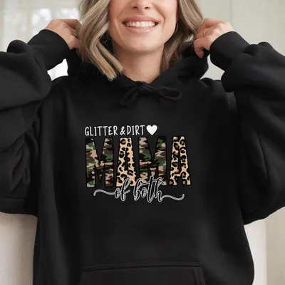 Glitter And Dirt Mama Of Both Hoodie, Leopard & Camo Graphic, Fun Mom Top For Boys & Girls
