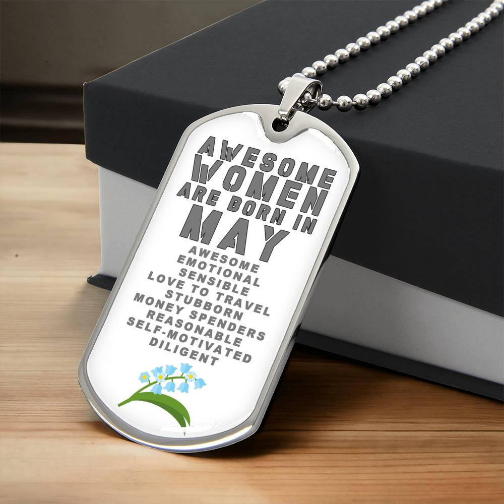Awesome Women Are Born In May Luxury Necklace With Dog Tag White - Army Tag Necklace, Dog Tag