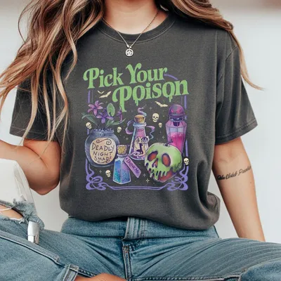 Pick Your Poison T-Shirt Vintage Halloween T-Shirt Spooky Season Graphic Villain Cartoon Style Cotton Top
