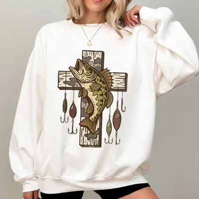 Camo Cross Fishing Youth Sweatshirt Faith Based Christian Sweatshirt With Fish Lure Design Outdoor Graphic Sweatshirt For Boys You