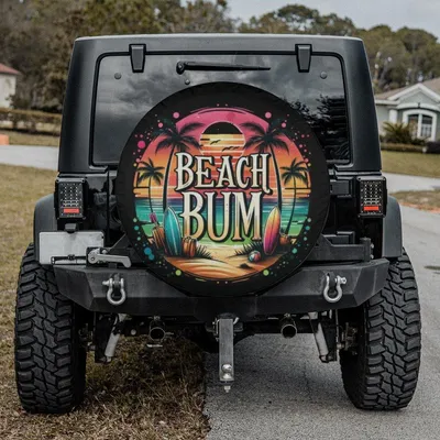 Beach Bum Spare Tire Cover, Retro Tropical Sunset With Palm Trees And Surfboards Design Spare Tire Cover