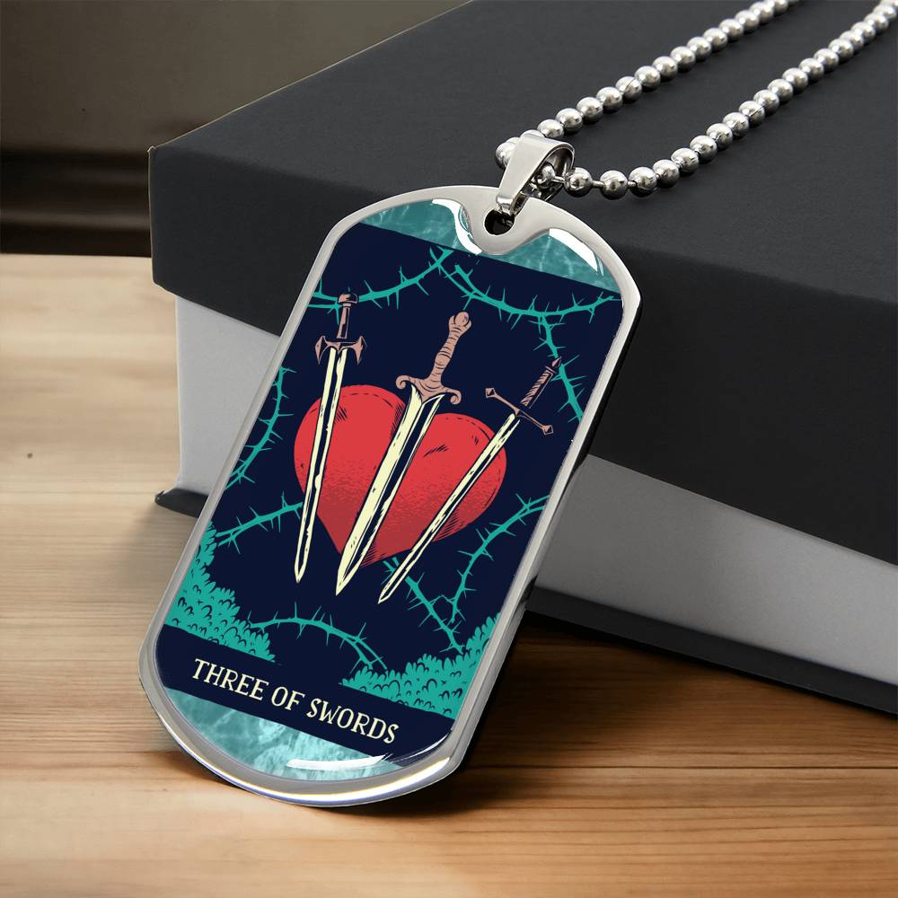 Tarot Card Necklace. Silver Or Gold. For Wiccans, Astrology, Zodiac, Spiritual, Best Friend. Boho. Three Of Swords - Army Tag Necklace, Dog Tag