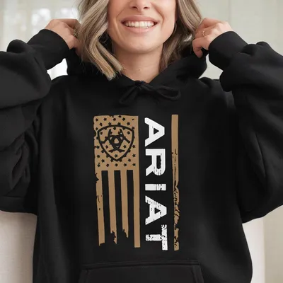 Ariat Men'S Black Hoodie Flag Inspired Design With Bold Emblem Classic Active Style For Dark Heather & Hather Colors