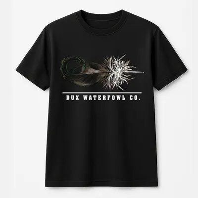 Dux Waterfowl Co. Mallard Curl Feather Graphic T-Shirt, Minimalist Hunting T-Shirt For Waterfowl Enthusiasts, Rugged Outdoor Apparel, Gift For Men