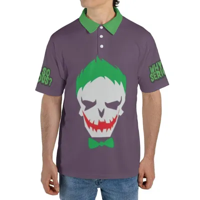Joker Why So Serious Polo, Skull Graphic Polo Shirt, Batman Villain Quote, Mens Dc Comics Apparel, Purple Green Top