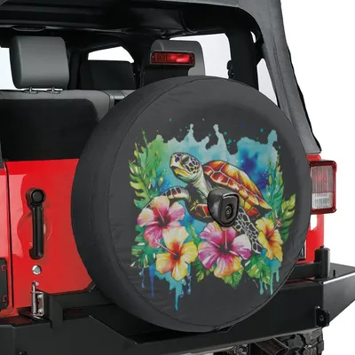 Colorful Sea Turtle Tire Cover, Tropical Hibiscus Flower Ocean Design, Beach Lover Spare Tire Cover Spare Tire Cover