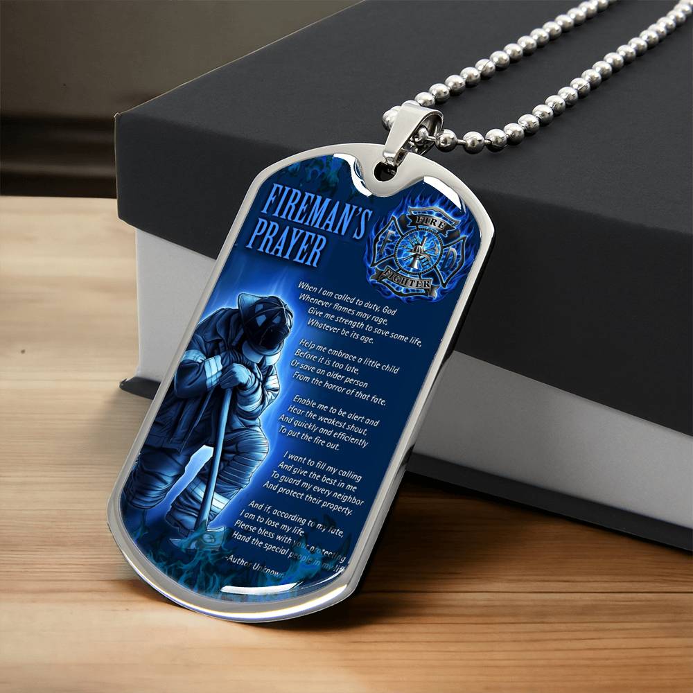 Fireman's Prayer Pendant With Military Ball Chain - Army Tag Necklace, Dog Tag