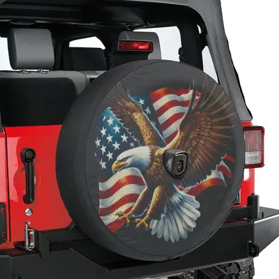 Lotus Print Handmade Us Flag Eagle Patriotic Spare Tire Cover With Backup Camera Hole, Eagle Spare Tire Cover Spare Tire Cover