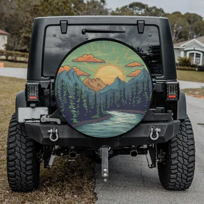 Mountain Forest Sunrise Spare Tire Cover, Scenic Nature Adventure Design, Explore Outdoors Theme, Waterproof Vinyl Wheel Protector Spare Tire Cover