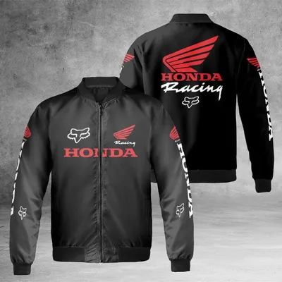 Unisex Honda Racing & Fox Bomber Jacket, Dirt Bike Motocross Fan Gear, Wing Logo, Black & Red Apparel Bomber Jacket