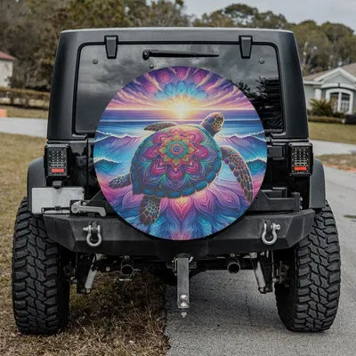 Vibrant Mandala Sea Turtle Spare Tire Cover Cosmic Ocean Art Heavy Duty Fit Truck Spare Tire Cover
