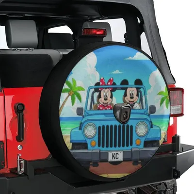 Spare Tire Cover, Cartoon Couple Beach Trip, Summer Vacation Graphic, Waterproof Uv Protection, Universal Fit Spare Tire Cover