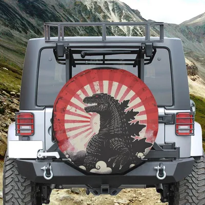 Kaiju Japanese Sunburst Spare Tire Cover, Retro Monster Design, Full Color Print, Waterproof Uv Protection Wheel Cover, Universal Fit Spare Tire Cover