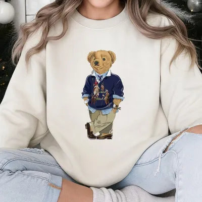 Preppy Polo Bear Sweatshirt, Cute Fashion Teddy Bear, Cozy Unisex Sweatshirt, Trendy Casual Knit Top, Vintage Inspired Bear Sweatshirt, Gift For Him Her