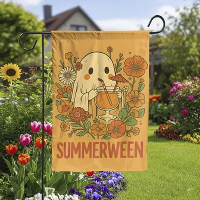 Summerween Mermaid Skeleton House Flag Funny Halloween Beach Decor With Flamingo Float Cocktail, Spooky Cute Yard Sign For Summer Vertical Garden Flag